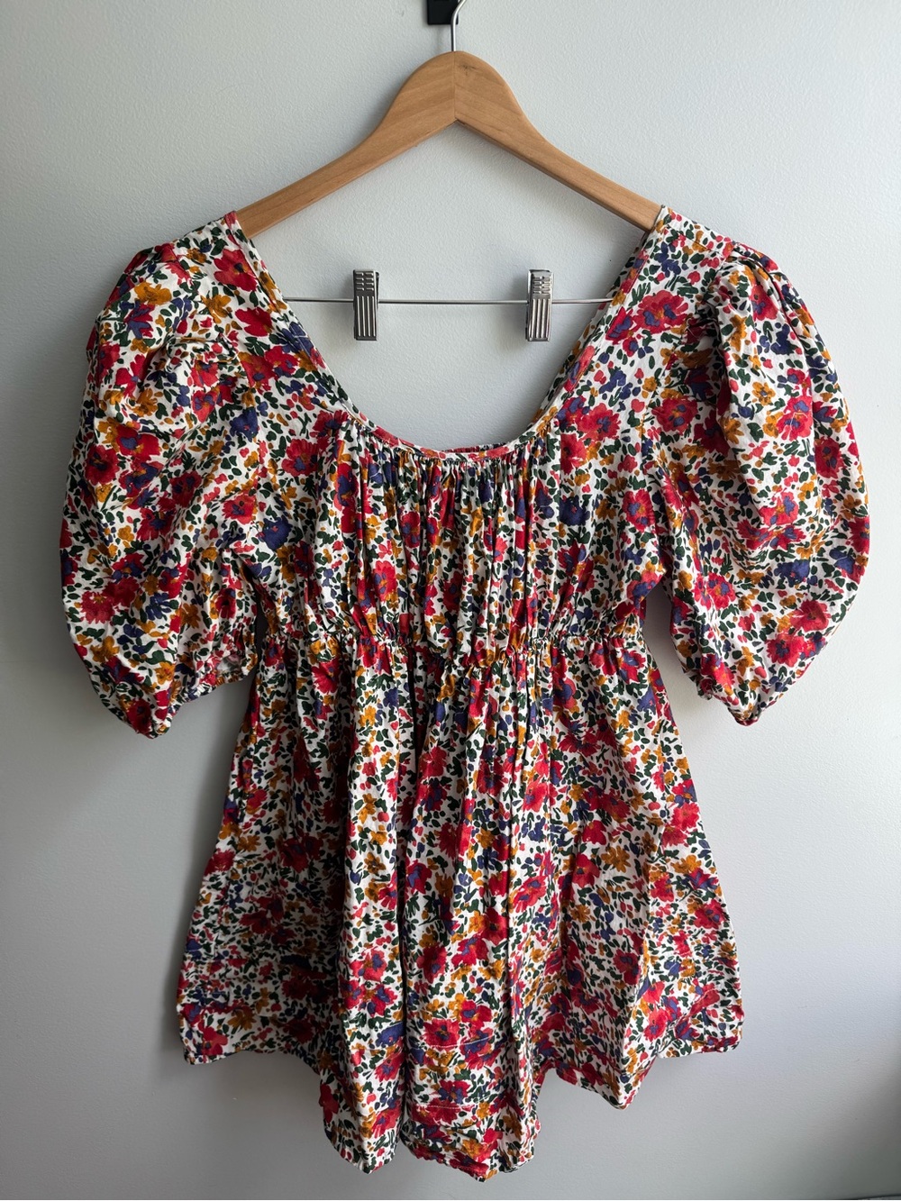 Pinch Floral Puff-Sleeve Mini Dress White with Red & Blue Print